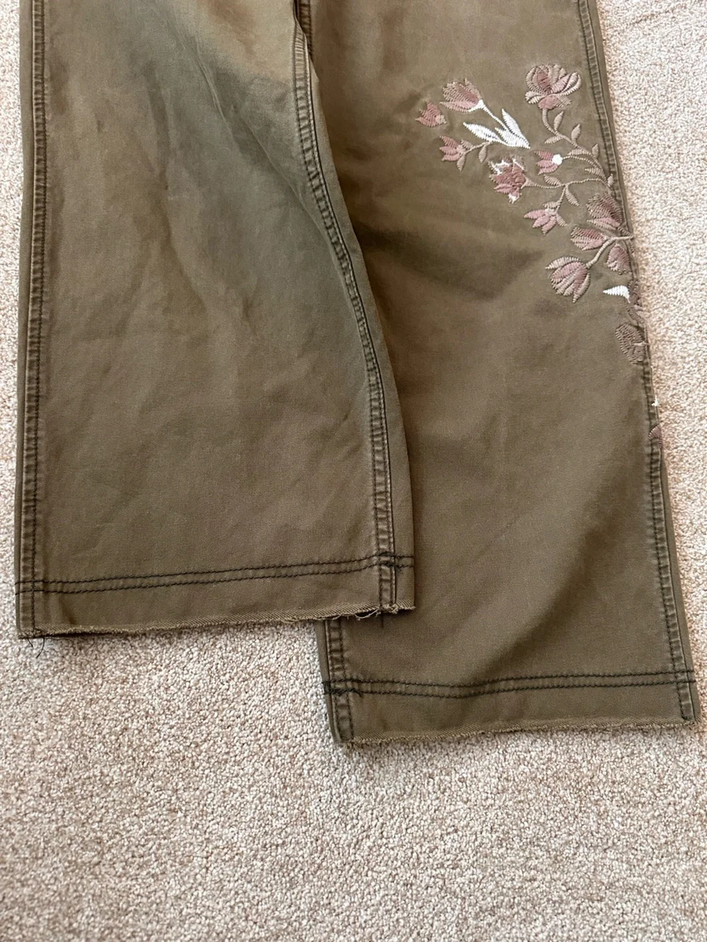 Free People Keep It Real Military Pant Olive Embroidered Floral Cropped Wide Leg